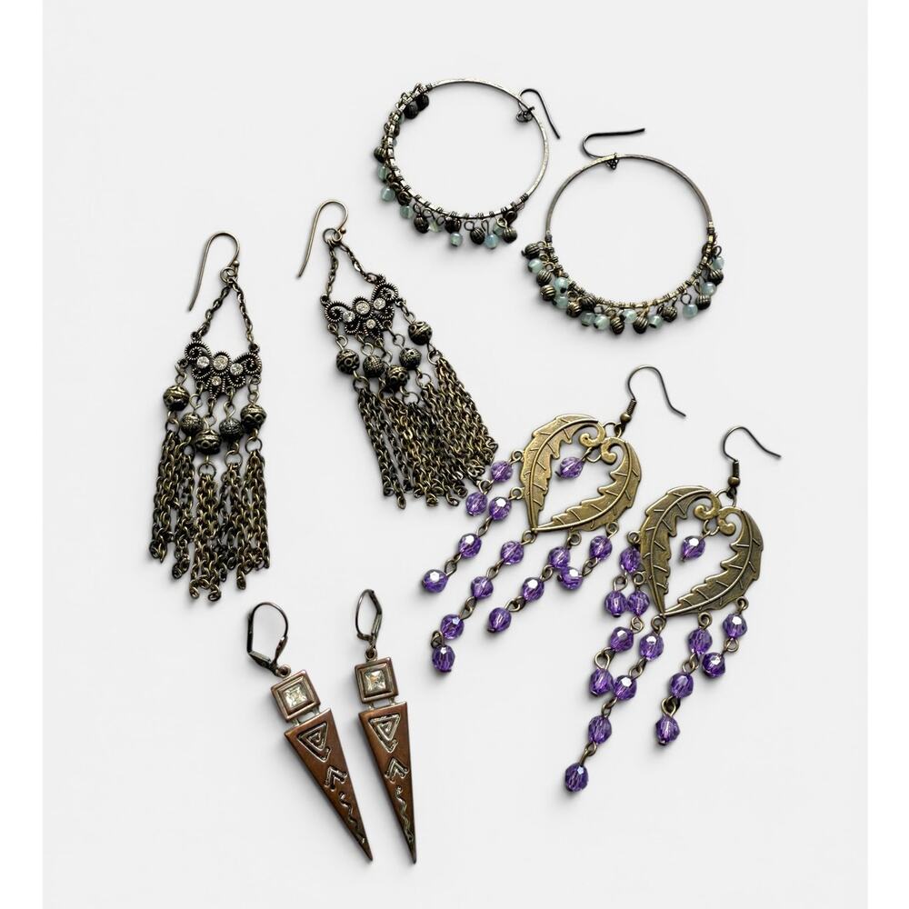 Y2K Boho Earrings Lot VTG Set of 4 Festival Beaded Tribal Dangle Pierced Hoops
